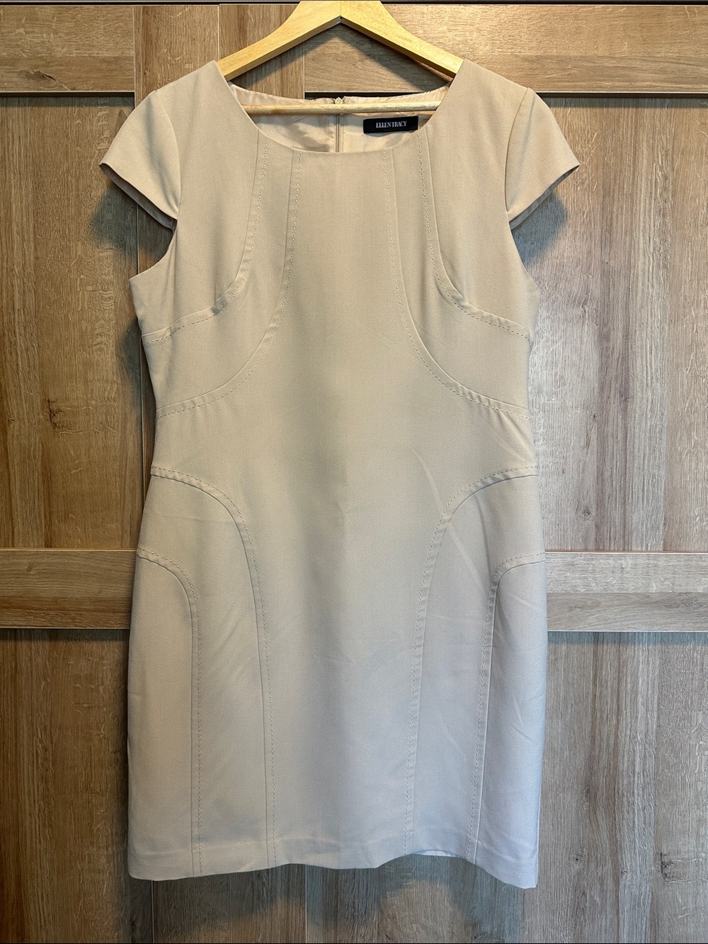 Ellen Tracy Beige Cap-Sleeve Mini Dress with Stitching Detail